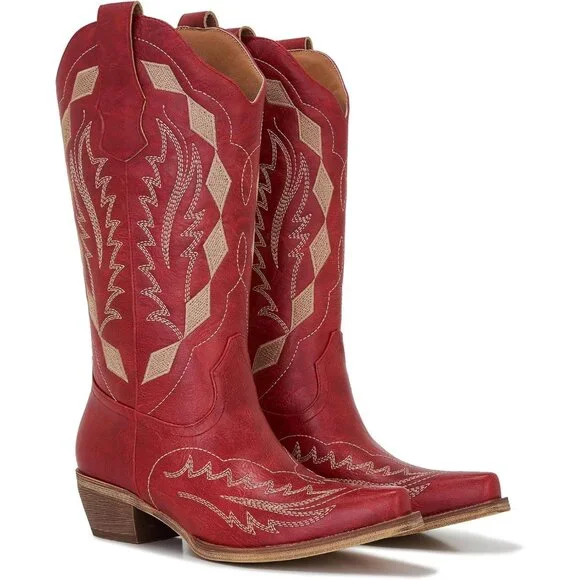 Women’s Faux Leather Mid Calf Red Embroidery Stacked Heel Western Boots - Picture 5 of 7